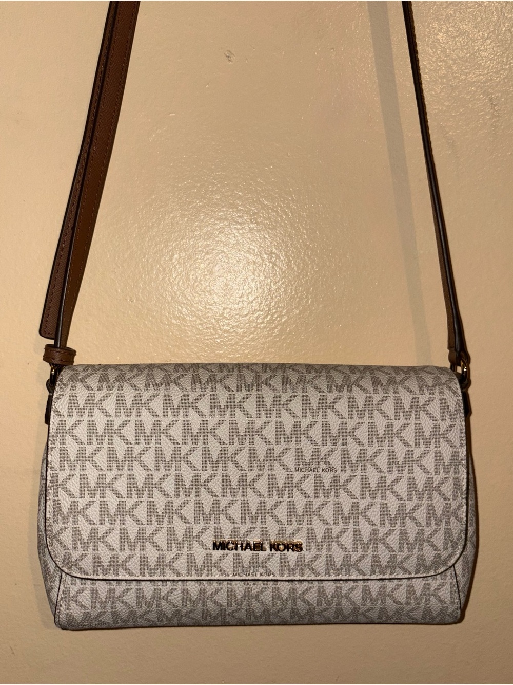 Michael Kors Gray/White MK Signature Crossbody with Brown Strap